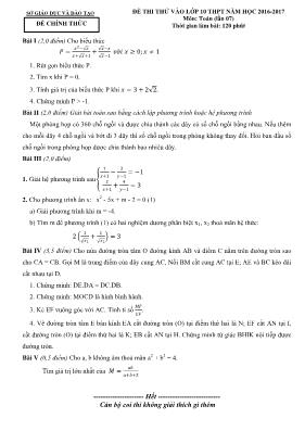 Đề thi thử vào Lớp 10 THPT môn Toán - Đề 7 - Năm học 2016-2017